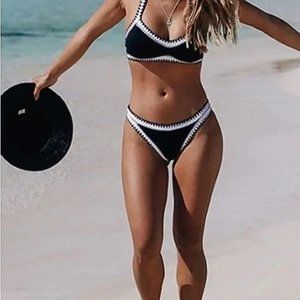 Chic Women's Contrast Binding Tie Back Top Crochet Trim with High Cut Bikini
